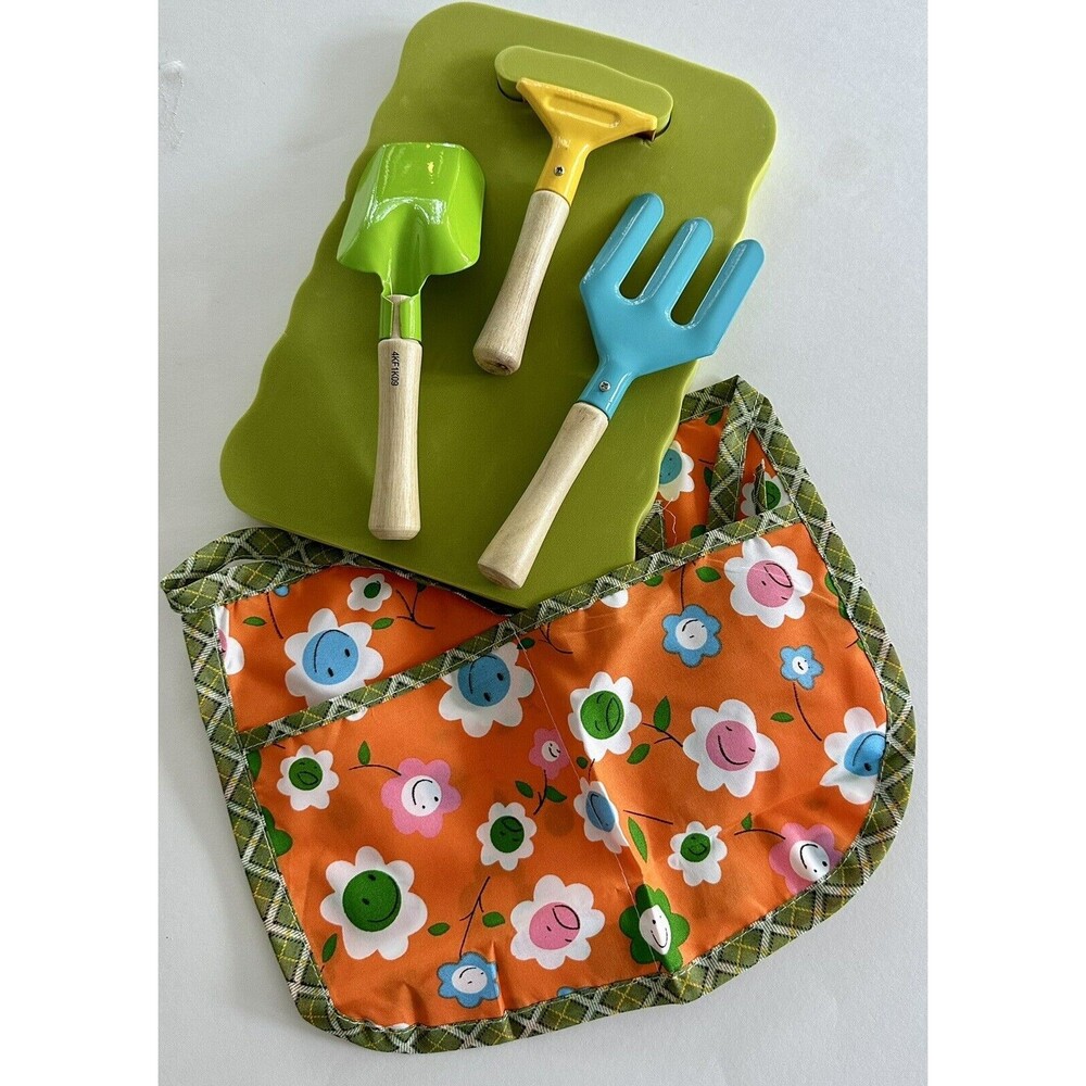 Spring Garden Tool Set Kids Trowel Fork Rake Apron Kneeling Pad Mini Gardening